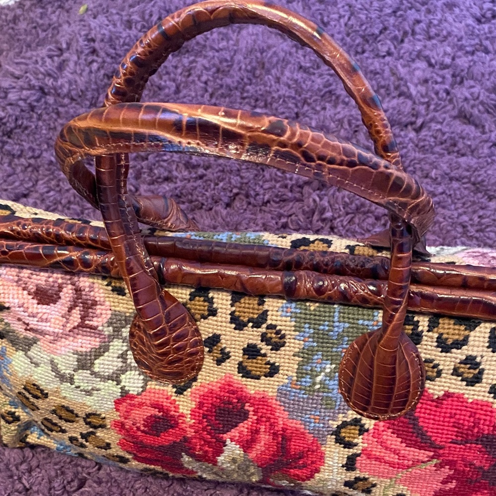 Clever Carriage Co. Floral Needlepoint Doctor Satchel, Croco Embossed Leather - Picture 5 of 16